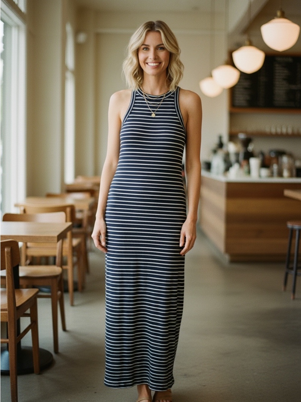 LOFT Navy Striped Cotton Maxi Dress Size Medium